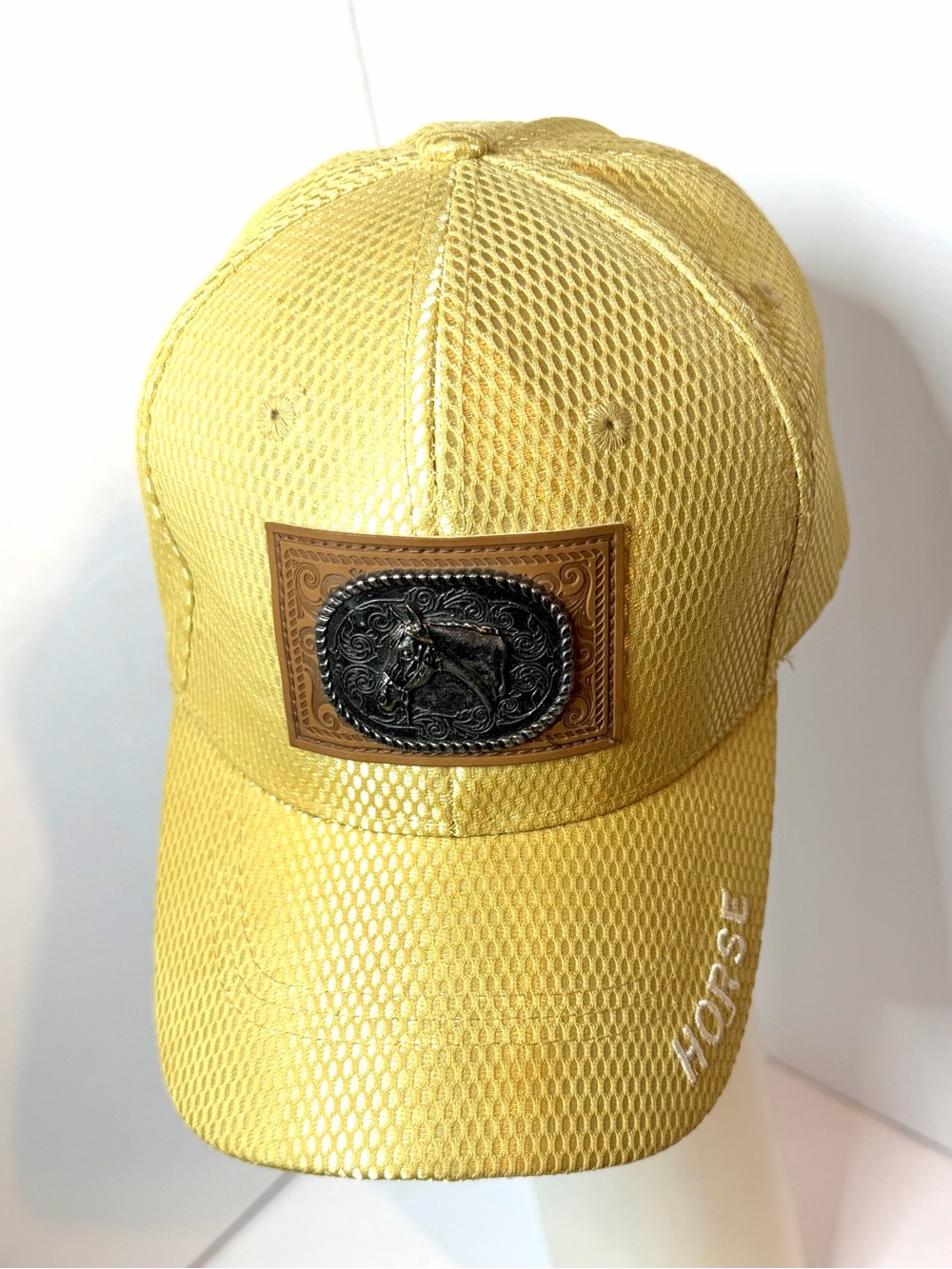 USA Headwear Gold Mesh Cap with Horse Plaque